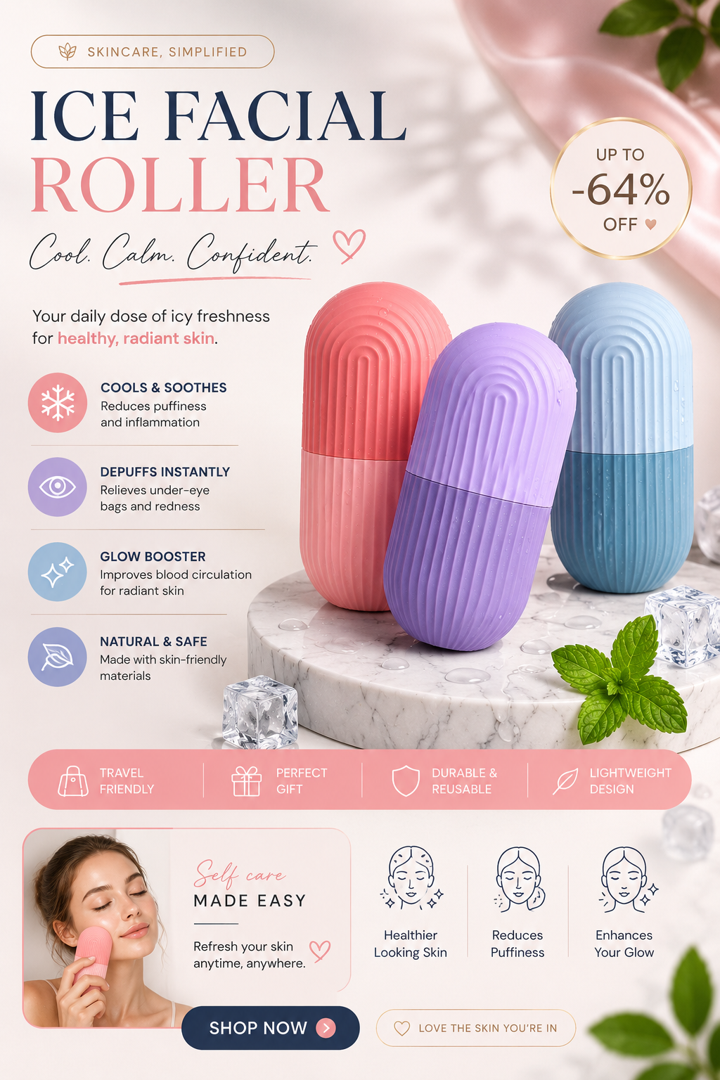 Premium Silicone Ice Facial Roller for Face & Eye Puffiness Relief | Ice Contour Cube Skin Care Tool