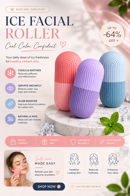 Premium Silicone Ice Facial Roller for Face & Eye Puffiness Relief | Ice Contour Cube Skin Care Tool
