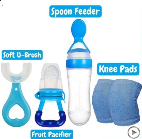 4-in-1 Premium Baby Care Essential Combo Set | Silicone Spoon Feeder, Fruit Pacifier, U-Shape Brush & Knee Pads